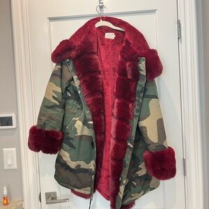 Camouflage Coat with Red Fur Lining